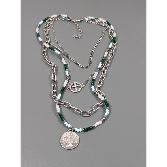 Bohemian Style Green Blue Beaded Silver Tone Layered Chain Statement Necklace - Picture 2 of 9